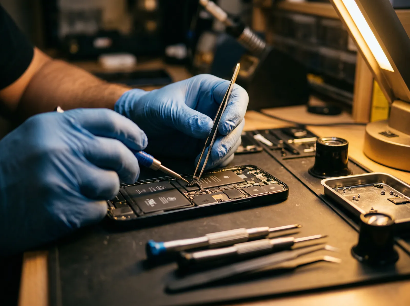 Technician performing precision electronics repair under magnification